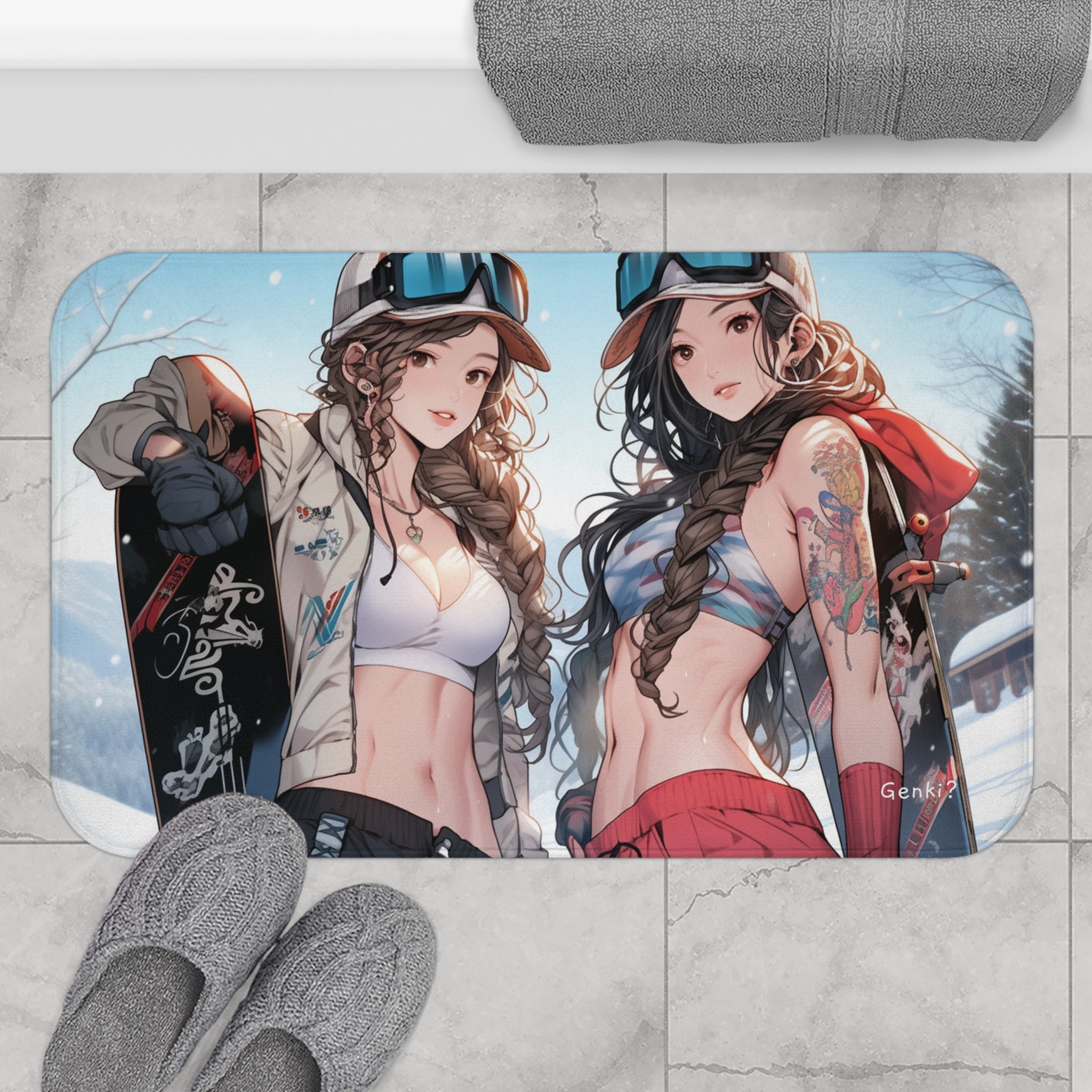 Genki Bath Mat - Cute Bikini Tattoos Twins Snowboarding Japanese Anime