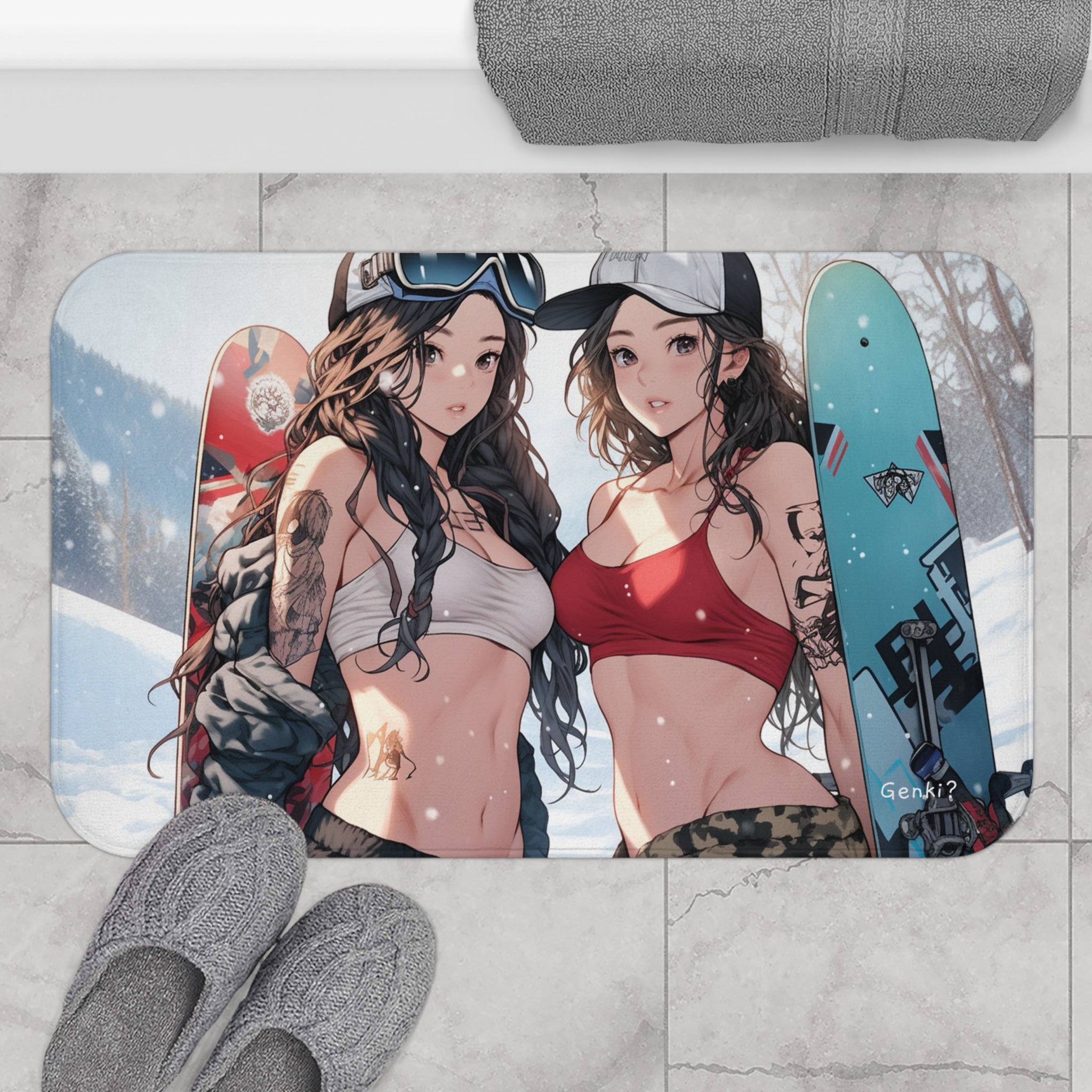 Genki Bath Mat - Cute Bikini Tattoos Twins Snowboarding Japanese Anime